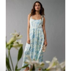 American Eagle Blue Floral Satin Maxi Dress Corset Top Tie Straps Romantic Small